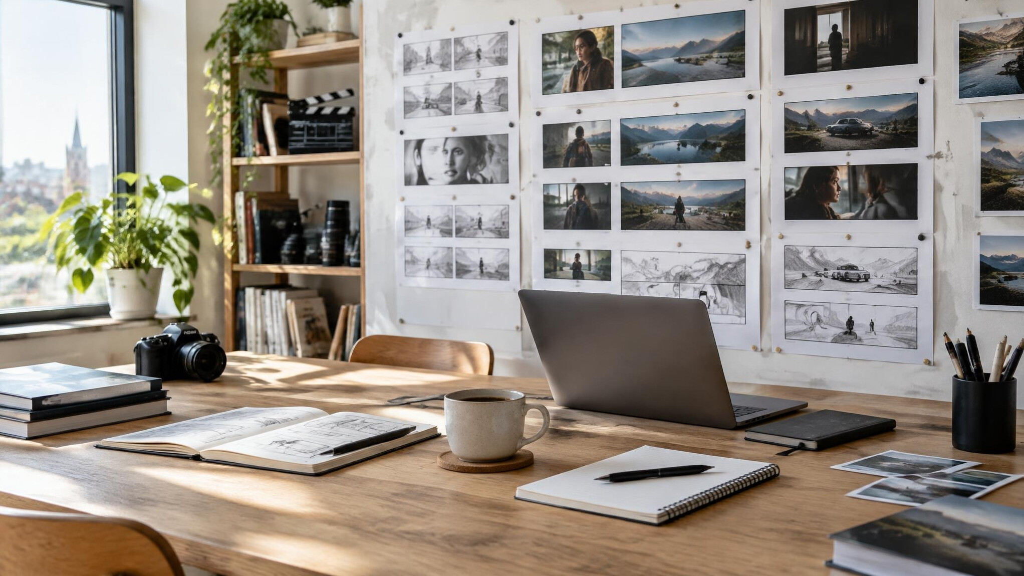 Editorial desk with film storyboards, notebooks and a laptop